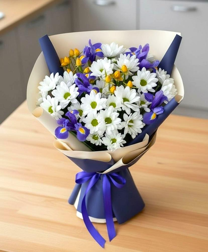 Букет цветов из: Розы, Ирисы и Хризантемы в Малое Карасево