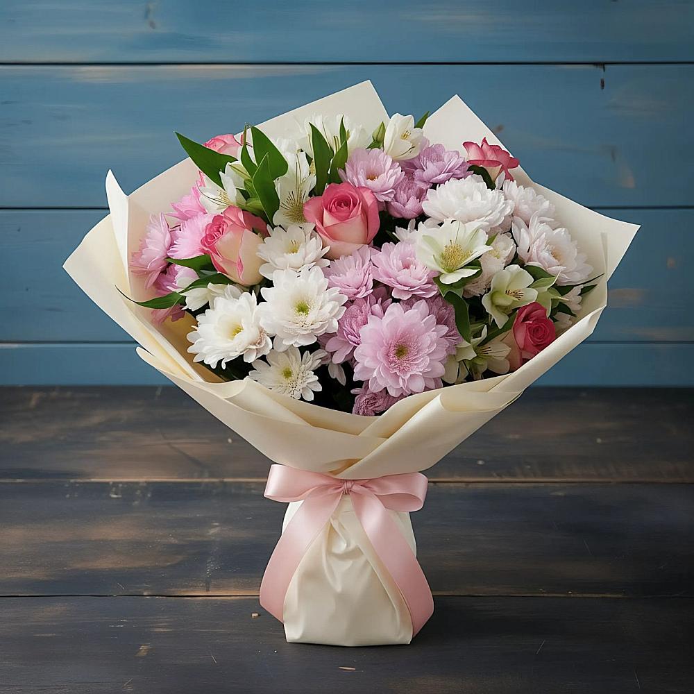 Букет цветов из: Хризантемы, Альстромерии и Розы в Малое Карасево